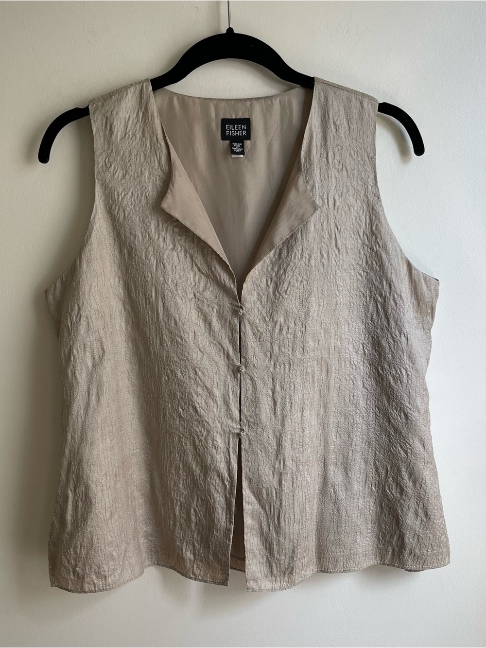 Eileen Fisher Silk Top Vest Beige Gold Sleeveless Neutral Minimalist Size Medium